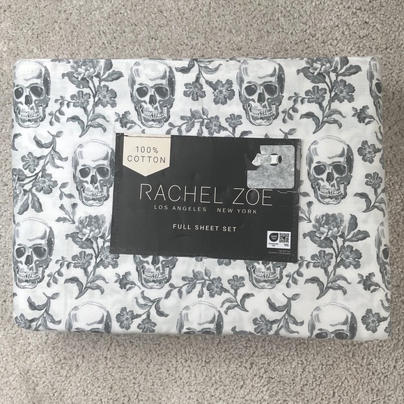 Rachel Zoe Other - Rachel Zoe Full Sheet Set 100% Cotton Grey White Skull Floral Damask 4 Piece NEW